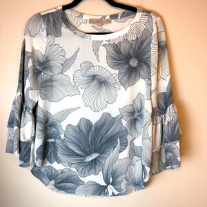 LOFT | Floral Ruffle Sleeve Blouse Blue White XS P